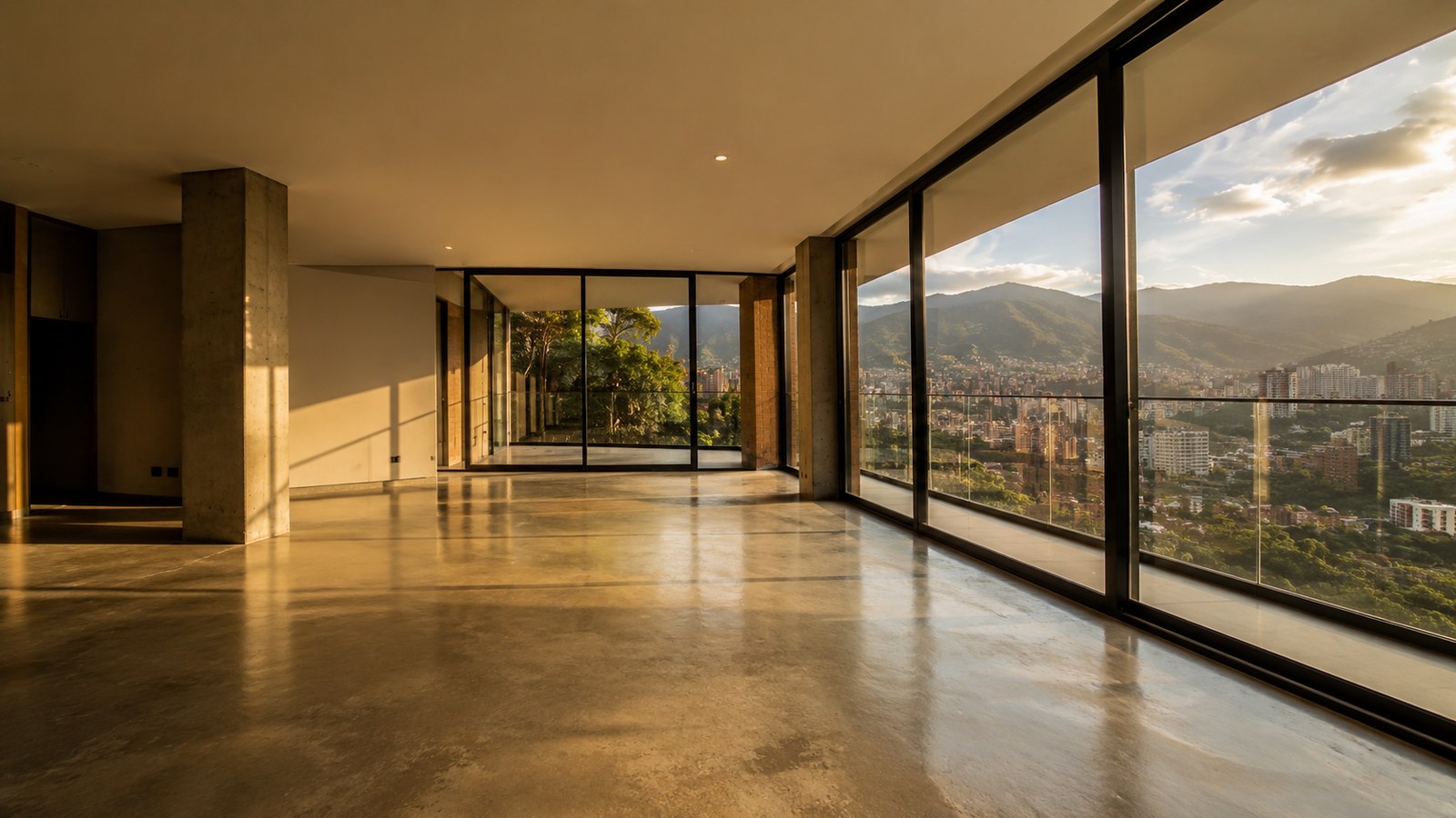 Empty modern apartment with floor-to-ceiling windows overlooking the Medellín valley at golden hour
