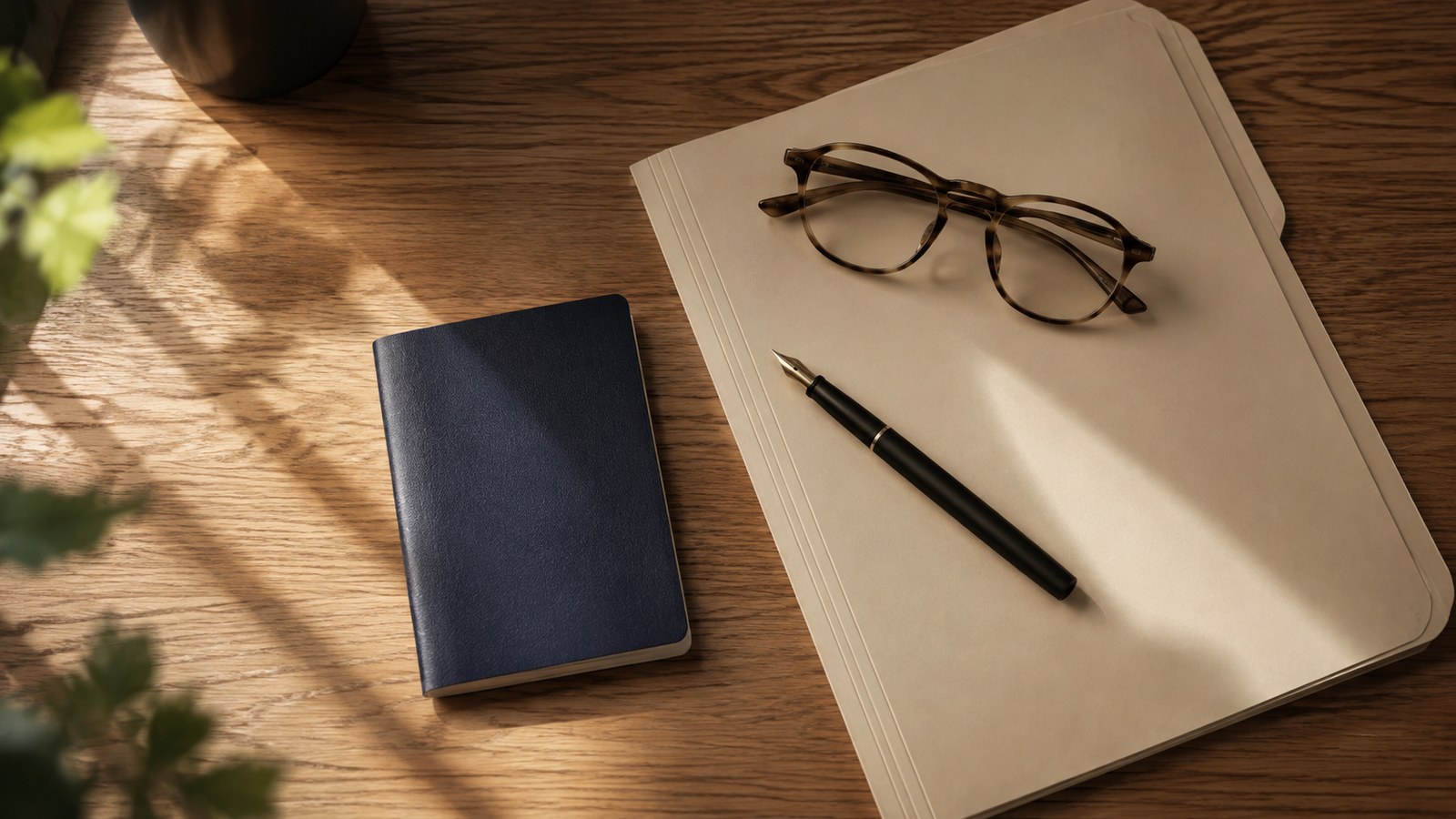 Passport, fountain pen, reading glasses and a document folder on a wooden desk in morning light