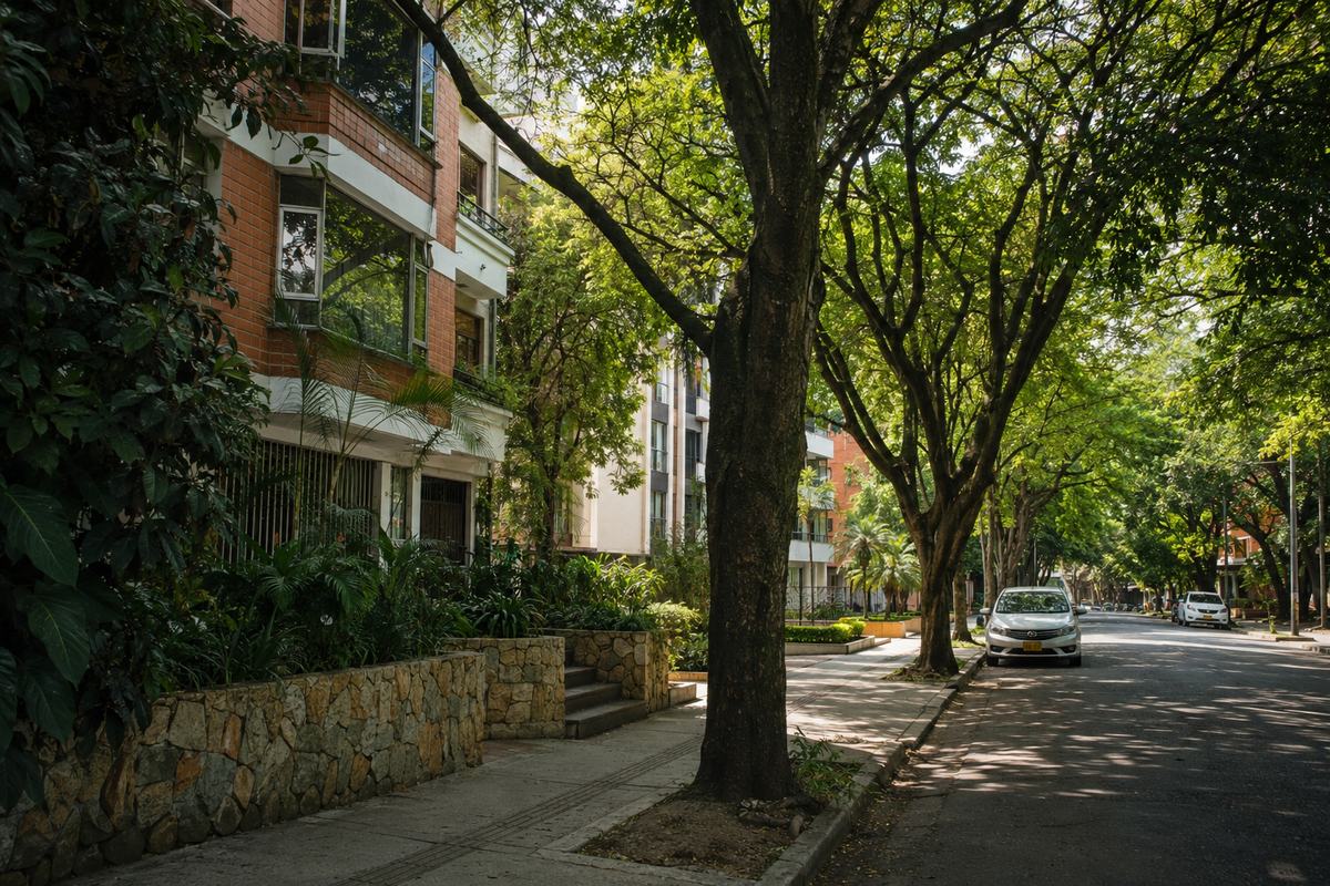 Tree-lined residential street in El Poblado, Medellín